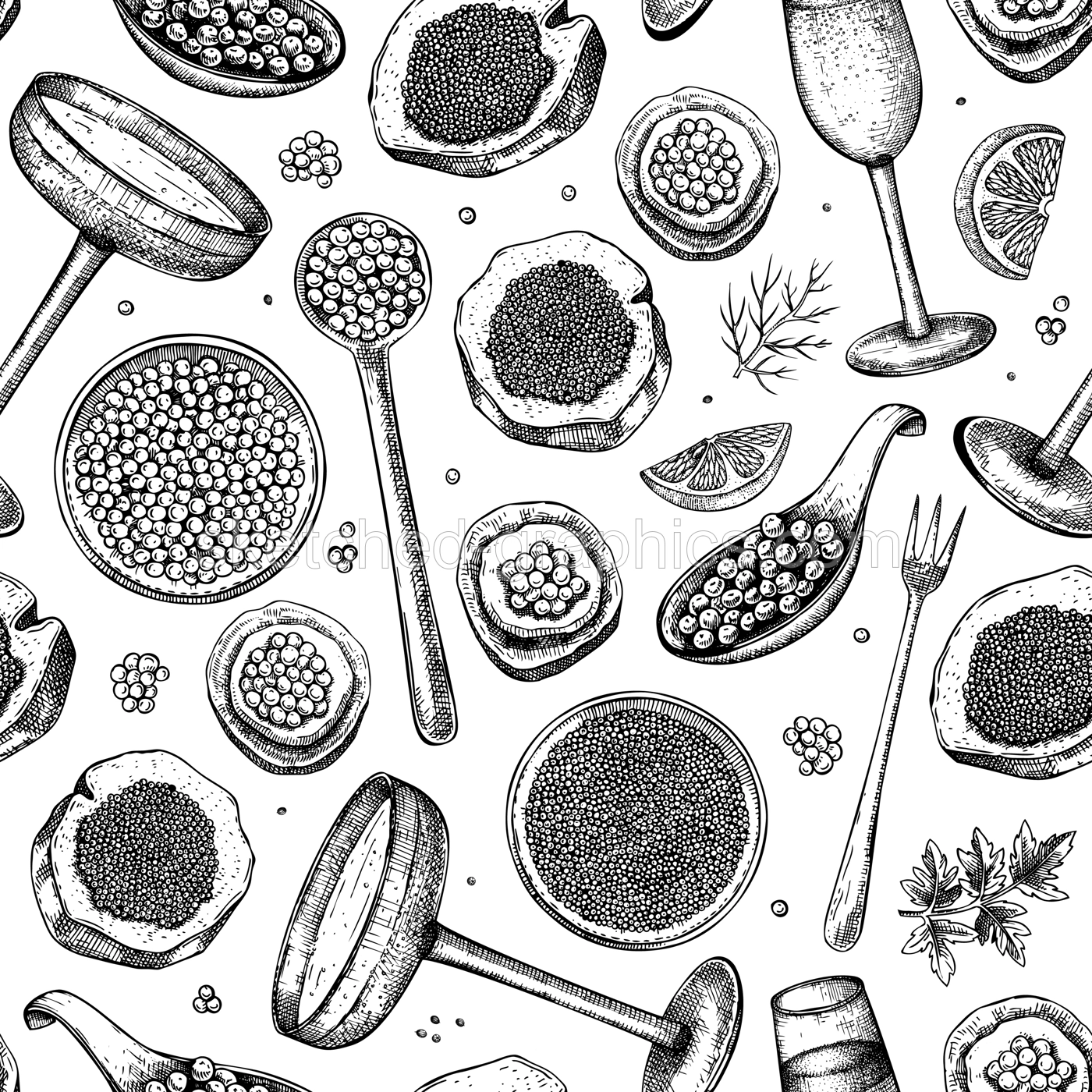 Caviar and champagne seamless pattern. Hand drawn red caviar canape, canned black caviar, sparkling wine bottle, glasses sketches. Seafood vector background Illustration